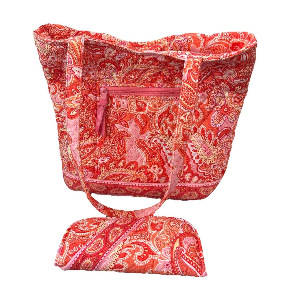 Vera Bradley Sherbet Orange Pink Paisley Handbag Tote Purse W/ Eyeglass Case USA